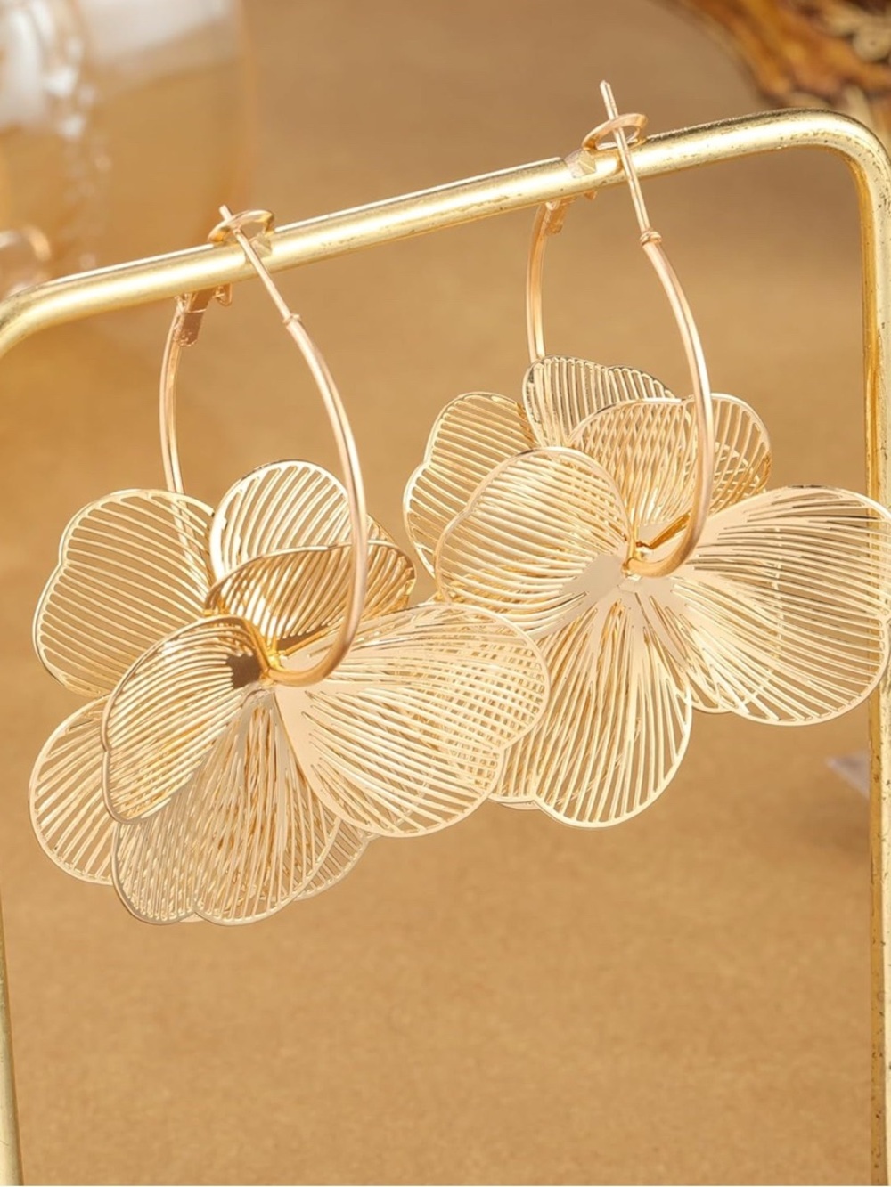 Gold Trendy Zara Flower Hoop Drop Earrings - Picture 2 of 5